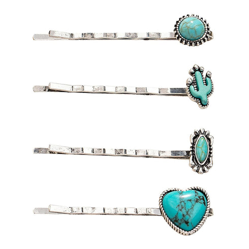 Western Style Hair Bobby Pins, 4 Pcs Women's Turquoise Howlite Stone Hair Clip Cowgirl Chic Retro Accessories