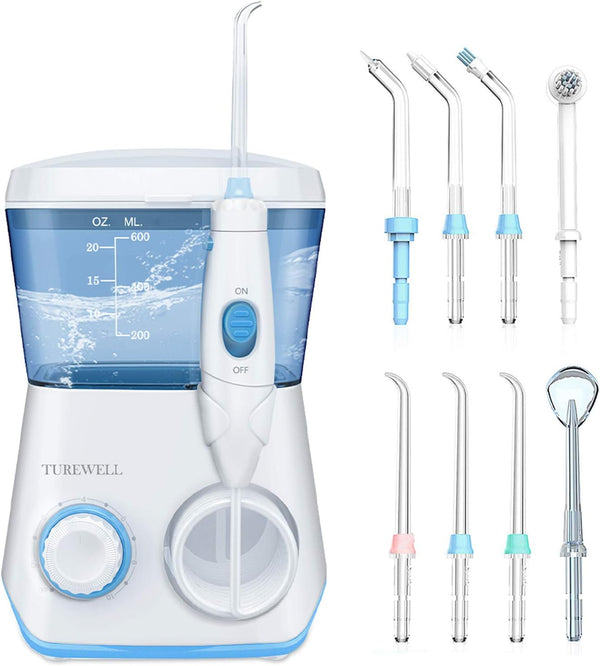 TUREWELL Water Flossing Oral Irrigator - 600ML Dental Cleaner with 10 Adjustable Pressure, 8 Tips