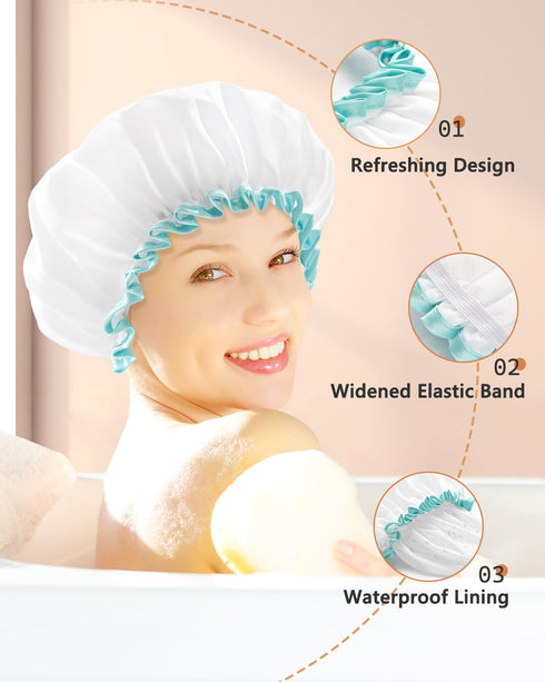 mikimini White Shower Caps for Women - 2 Pack, Large Size, Reusable, Waterproof Washable Hair Caps for Long Hair