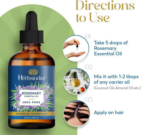 Herbsindia 3.3 Oz 100% Rosemary Essential Oil for Hair - Huge Fl - Pure - Premium Grade with Glass Dropper, Undiluted