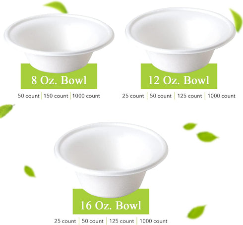 three leaf 8OZ. (240ml) BAGASSE BOWL, 50 Ct. Heavy-Duty Eco-Friendly Disposable Bowl, 100% Biodegradable