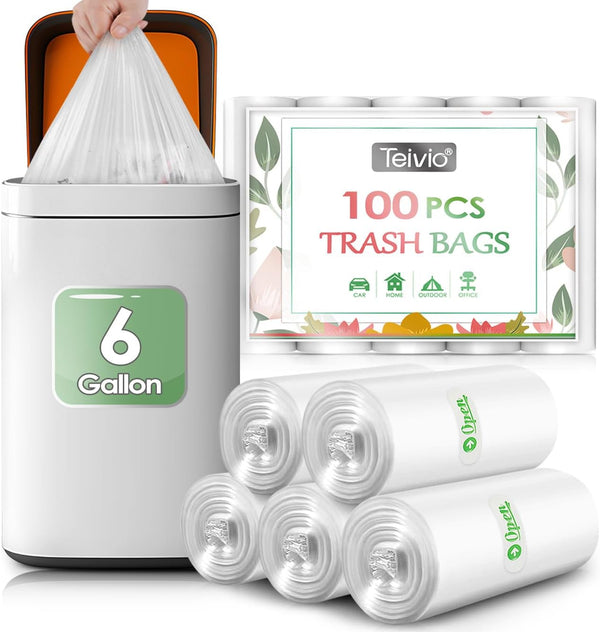 Teivio 6 Gallon 100 Count Strong Garbage Bags, Bathroom Trash Can Bin Liners for Home, Office, Kitchen