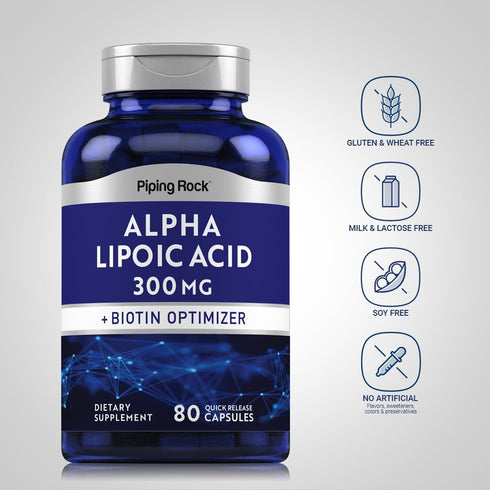 Piping Rock Alpha Lipoic Acid 300mg with Biotin Optimizer, 80 Capsules, Non-GMO, Gluten Free Supplement