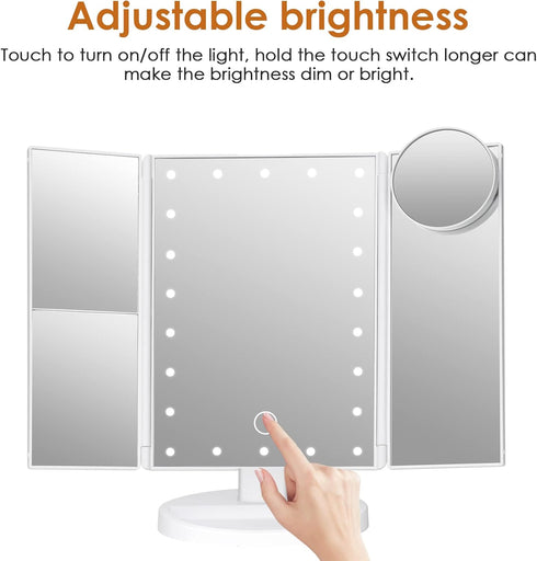 Makeup Mirror Vanity Mirror with Lights - Adjustable Brightness Trifold Mirror with 1X/2X/3X/10X Magnification