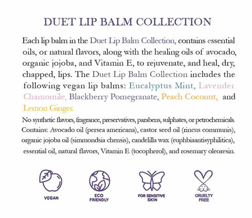 Duet Lip Balm Collection - 5 Tube Vegan Set with Avocado Oil & Vitamin E for Chapped Lips