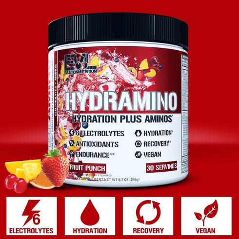 Evlution Nutrition HYDRAMINO Complete Hydration Multiplier, 30 Serve Fruit Punch with Electrolytes and Aminos