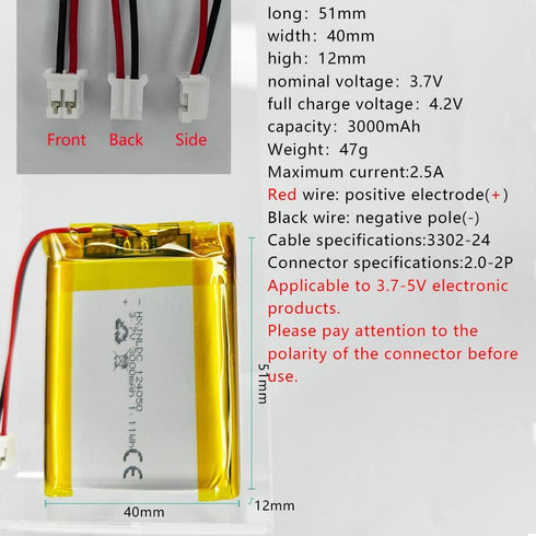 DC 3.7V 3000mAh 124050 Rechargeable polymer lithium battery for DIY 3.7-5V Electronic Product, Mobile Energy Storage Power Supply
