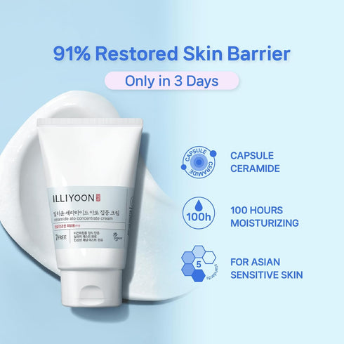 Illiyoon Ceramide Ato Concentrate Cream - Face Moisturizer for Dry & Sensitive Skin, 100hr Hydration, Vegan