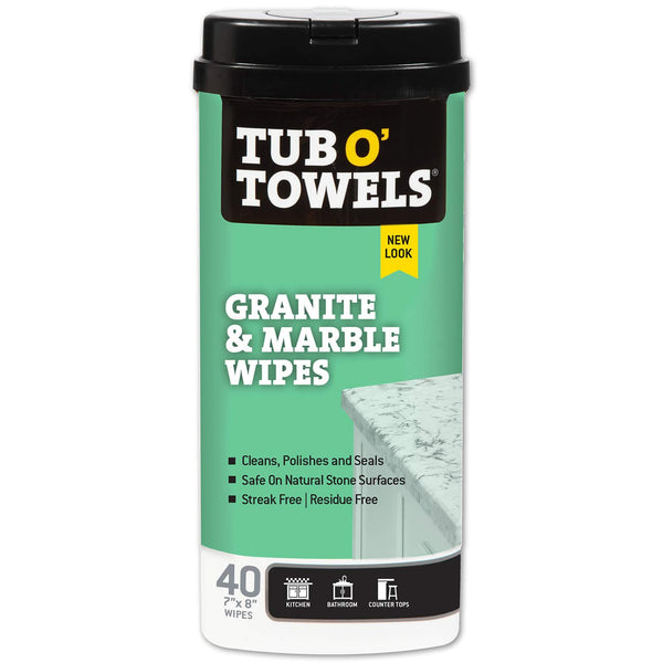 Tub O' Towels Granite & Marble Cleaning Wipes, 40-Count Pack, Safe for Stone Surfaces, Streak-Free Shine, Eco-Friendly