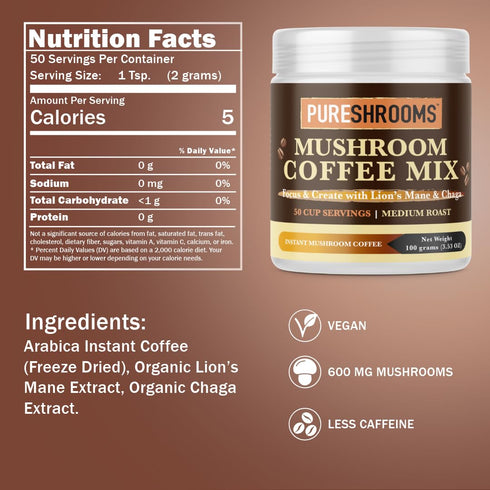 Focus & Create Adaptogenic Instant Mushroom Coffee, 50-Serve Pack with Lion’s Mane & Chaga for Brain Support