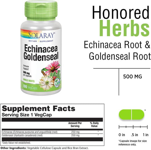 SOLARAY Echinacea Root & Goldenseal Root 500mg, 100 VegCaps, Healthy Immune & Respiratory Support