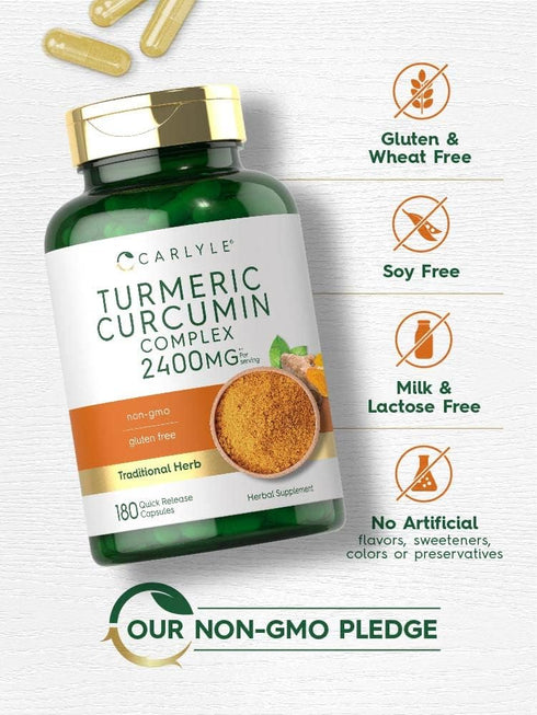 Carlyle Turmeric Curcumin Supplement 2400mg | 180 Powder Capsules | Non-GMO, Gluten Free | Herbal Formula