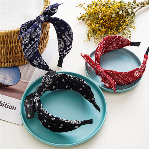 Paisley Print Wide Bow Headbands for Women, Cute Knot Hair Accessories (Style 1: Red, White, Navy, Black)