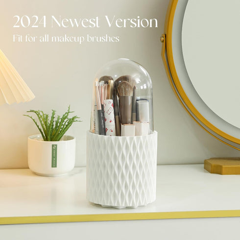 Makeup Brush Holder Organizer - 360 Rotating Makeup Brush Organizer 5 Slot Make up Brushes Cup for Cosmetics, Lipsticks, Art Supply, Bathroom Vanity Desktop Storage (White with cover) by Imakmasion