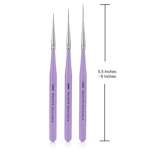 Nail Art Long Striper Brush Set by Beaute Galleria - 3 Pieces (12mm, 16mm, 22mm) for Fine Line, Detailer