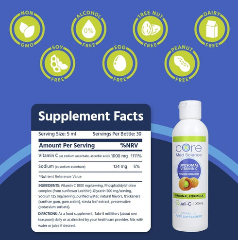 Core Med Science Liposomal Vitamin C 1000mg Liquid, Original Formula, 5 Fl Oz, Non-GMO Immune System Booster