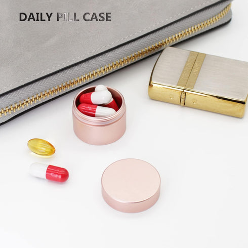 Portable Daily Pill Case, Heavy Duty Aluminium Alloy Round Pill Box, Waterproof Travel Organizer for Outdoor Camping