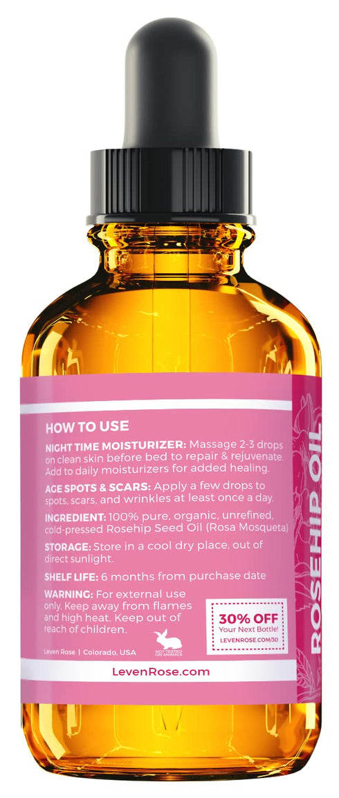 Leven Rose Rosehip Seed Oil for Face, 1 oz, Pure Unrefined Cold Pressed Rosehip Oil for Body, Nighttime Moisturizer for