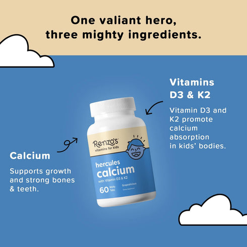 Renzo's Hercules Calcium Supplement with Vitamin D3 & K2 - 60 Grape-Flavored Melty Tabs for Kids Ages 2+