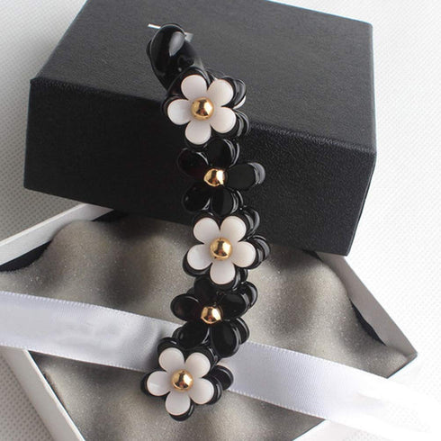 Lurrose Toothed Banana Hair Clips for Women Girls, Strong Tension Ponytail Holder, Black Flower Barrette