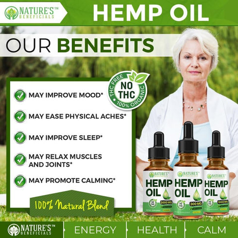 NATURE'S BENEFICIALS Organic Hemp Oil Extract Drops, 1000mg, Omega Fatty Acids 3 6 9
