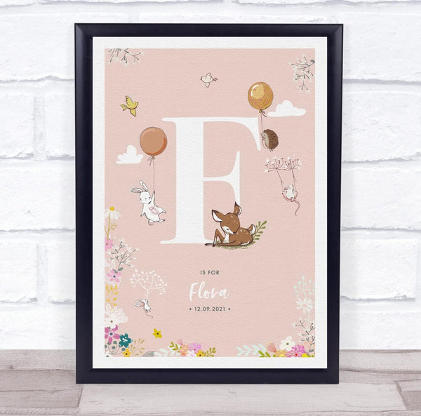 The Card Zoo Baby Birth Details Nursery Christening Woodland Animals Pink Initial F Print
