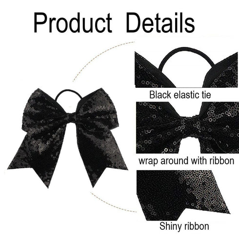 Sequin Black Cheer Bows, Caenagrion 12 PCS 7" Large Handmade Ponytail Holder for Cheerleaders