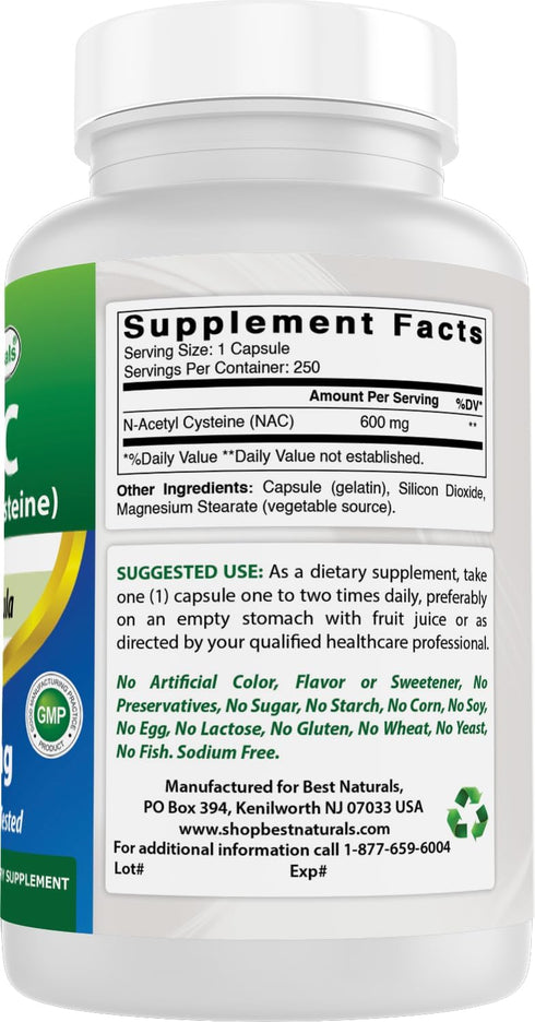Best Naturals NAC - N Acetyl Cysteine 600 mg, 250 Capsules, Powerful Antioxidant