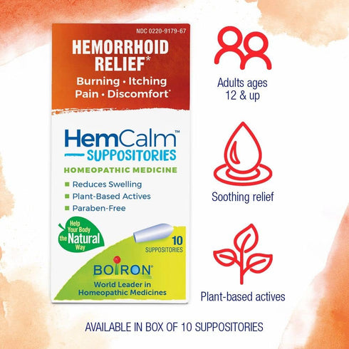 Boiron HemCalm Suppositories - Hemorrhoid Relief for Pain, Itching, Swelling, 10 Count