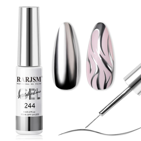 RARJSM Metallic Silver Gel Liner Nail Art, 3D Mirror Chrome Effect Gel Polish 8ml with Thin Brush for Home Salon DIY