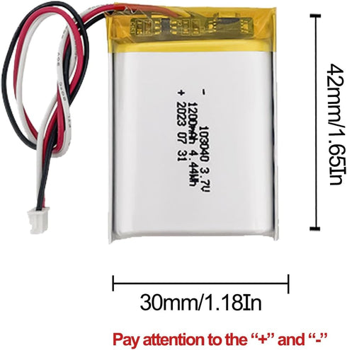 HRYHWASE 3.7V 1200mAh 103040 Pack PH2.0 Lithium Polymer Battery Lipo Rechargeable Replacement Lithium Ion Battery