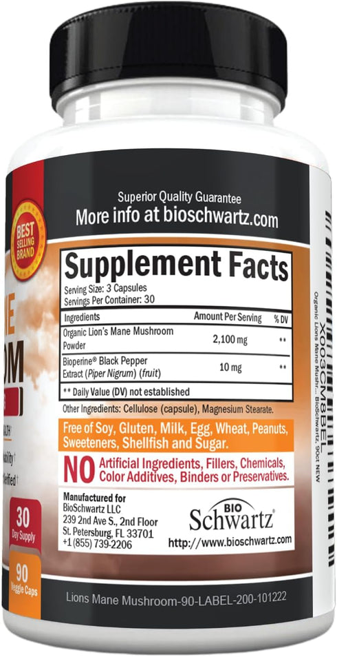 Organic Lions Mane Supplement Capsules, 90 Count, 2100mg for Memory and Focus