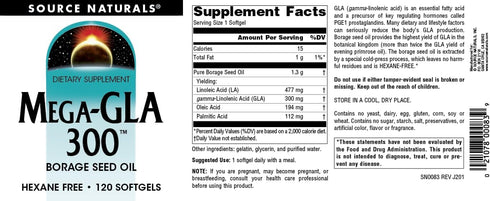 Source Naturals Mega-GLA 300 Borage Seed Oil, Hexane-Free, 120 Softgels