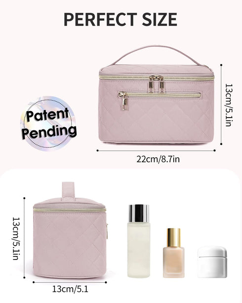 Makeup Bag, Travel Make Up Organizer, Cosmetic Brush Bags Case for Women in Quilted Fabric, Pink (Patent Pending)