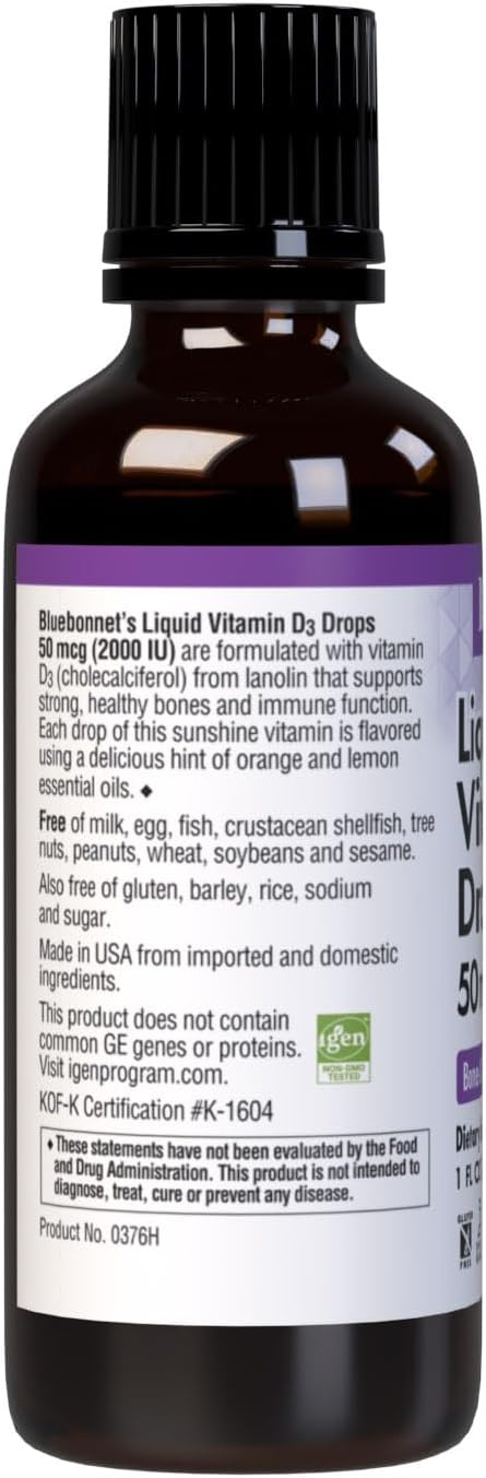 Bluebonnet Vitamin D3 2000IU 50mcg Supplement, Liquid Vitamins for Women & Men, 1 Fl Oz