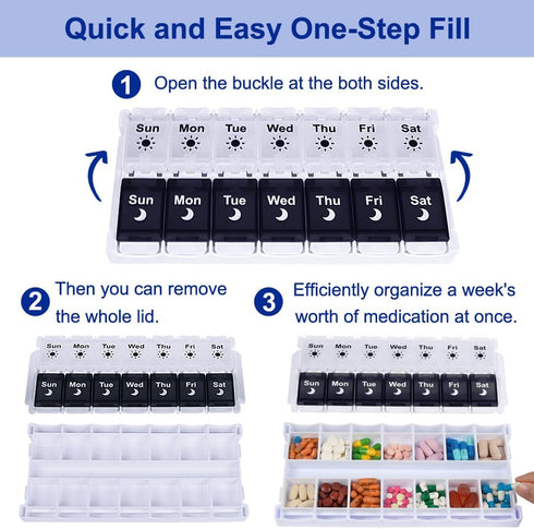 Package 2 7 HRX Pill Organizer Times a Day, Easy Fill & Open Weekly Medicine Box Vitamin Cases for Day AM PM