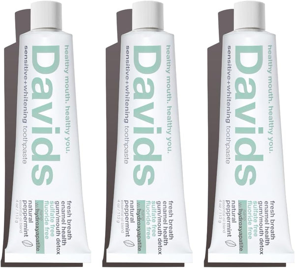 Davids Fluoride Free Nano Hydroxyapatite Toothpaste - Remineralizing Enamel & Sensitive Relief, 4oz (3-Pack)