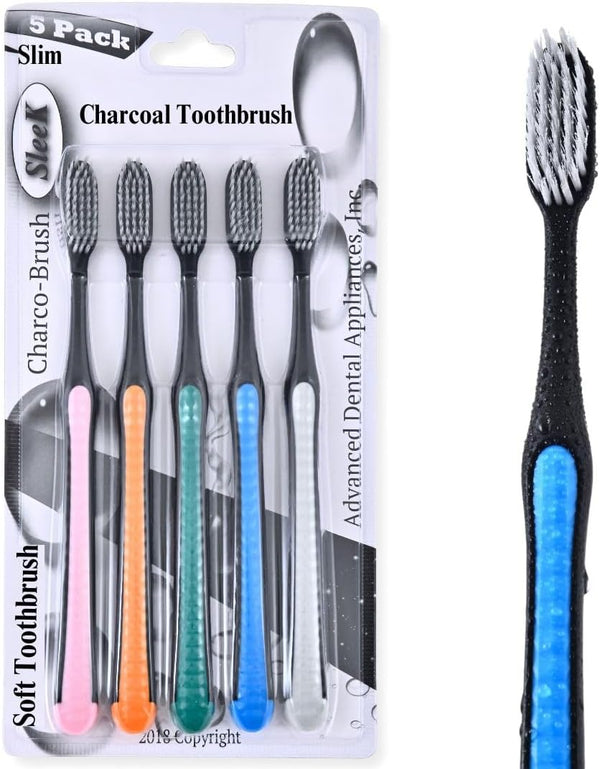 ADA Activated Charcoal Toothbrush 5 Pack, Extra Soft Ultrafine Bamboo Bristles, Natural Whitening, Multicolor