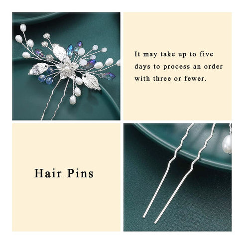 Heread Flower Wedding Hair Pins for Bride, Blue Rhinestones, Silver Pearl Hair Accessories, Pack of 2