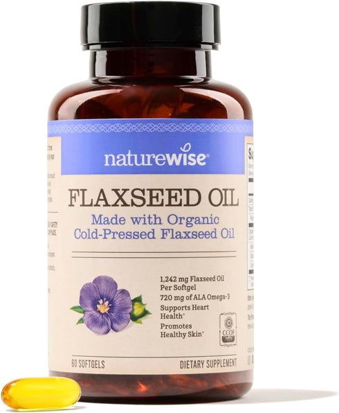 NatureWise Flaxseed Oil 1200mg Softgels with 720mg ALA, Fish Free Omega 3 6 9 Supplement for Heart Health - 60 Softgels