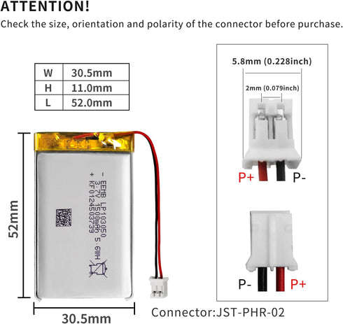 EEMB 3.7V 1500mAh 103050 Lipo Lithium Polymer Battery Pack with Wire JST Connector for Speaker and Wireless Device
