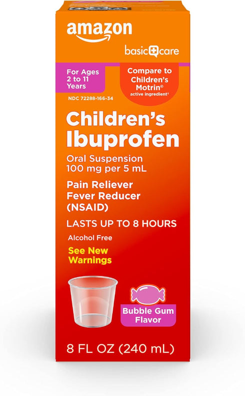 Amazon Basic Care Children's Ibuprofen Oral Suspension, 100 mg per 5 mL, Pain Reliever, 8 fl oz
