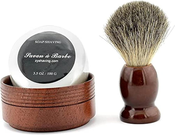 Pure Badger Hair Shaving Brush, Natural Wood Mug Bowl Hand-Made Soap Barber Set