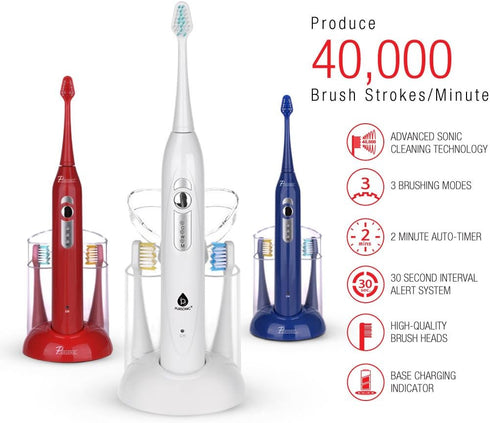 Pursonic S430 High Power Sonic Electric Toothbrush, Blue, Rechargeable with 12 Brush Heads & Storage Charger
