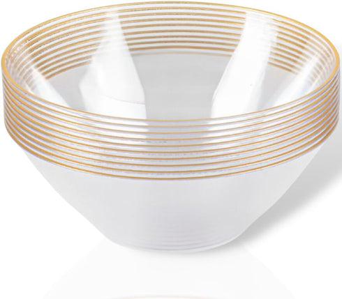 Blue Sky Organic Disposable Clear Bowls, 6 Oz, 10 Count with Gold Rim, Stylish Dinnerware for Events