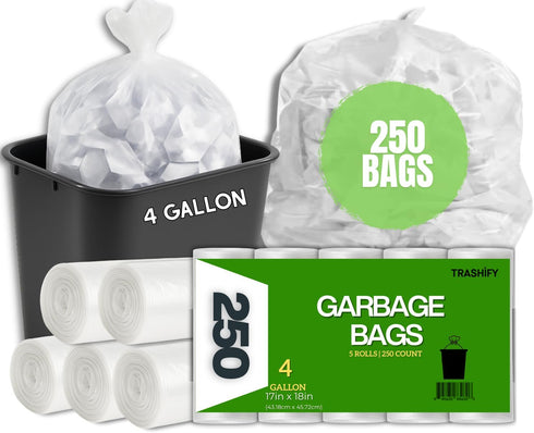 TRASHIFY Small Trash Bags 4 Gallon, 250 Count Clear Garbage Bags, Extra Strong