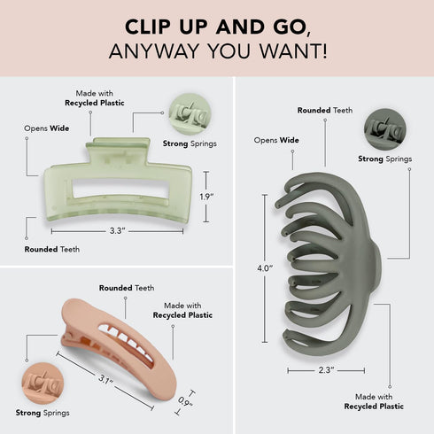 Kitsch Large Assorted Hair Clips for Women - Medium Open Shape Hair Claw Clips for Thick Hair | Flat Lay Hair Clip & Big Octopus Claw Clip for Teen Girls | Hair Styling Accessories, 3 pcs