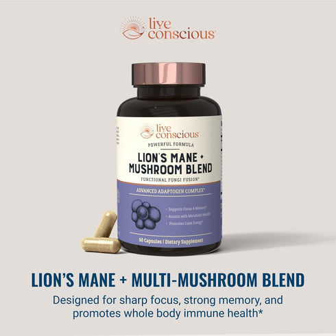 Live Conscious Lions Mane Mushroom Supplement - Brain Support with Lion's Mane, Cordyceps, Reishi, Turkey Tail