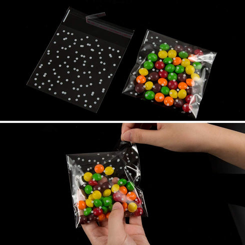 400PCS White Polka Dot Treat Bags Set, Self Adhesive Candy Cookie Bags Set, 200 Cellophane Bags + 200 Thank You