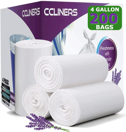4 Gallon Trash Bags, Lavender Scented, 200 Count, White Bathroom Garbage Bags, Mini Wastebasket Can Liners